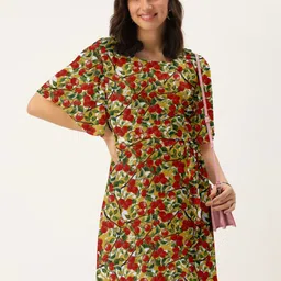 DressBerry Olive Green & Red Floral Crepe Dress-image-91