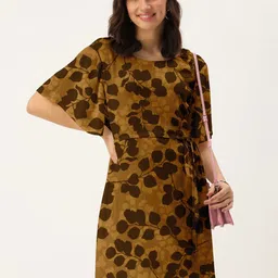 DressBerry Brown Floral Crepe A-Line Dress-picture-34
