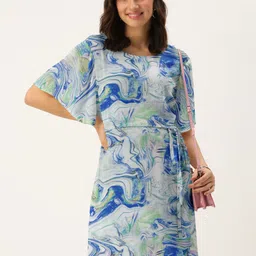 DressBerry Women White Abstract Printed Flared Sleeves A-Line Dress-image-56