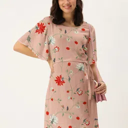 DressBerry Women Peach Floral Printed Flared Sleeves A-Line Dress-picture-24