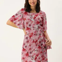 DressBerry Women Pink & Red Floral Printed Flared Sleeves A-Line Dress-picture-12