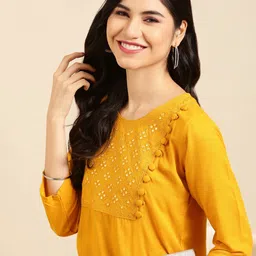 SHOWOFF Women Mustard Yellow Geometric Embroidered Mirror Work Cotton Kurta-picture-13