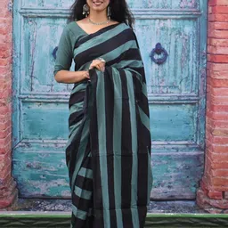 JALTHER Striped Pure Cotton Block Print Saree-picture-21