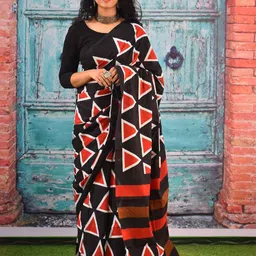 JALTHER Geometric Pure Cotton Block Print Saree-picture-16