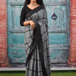 JALTHER Checked Pure Cotton Block Print Saree-picture-15