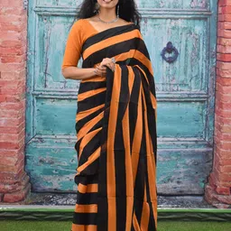 JALTHER Striped Pure Cotton Block Print Saree-image-41