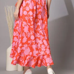 wordope Women Floral Print Asymetric Red, Pink Skirt image 2
