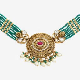 Kushal's Fashion Jewellery Ruby-Green Gold-Plated Ethnic Antique Jewellery Set image 4