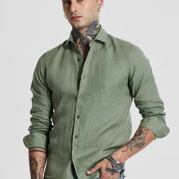 Snitch Men Smart Slim Fit Spread Collar Solid Linen Casual Shirt-picture-37