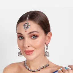 manuvi jewels Elegant Silver-Plated American Diamond Necklace, Earrings & Maangtikka Set for Women image 1