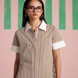 Muvazo Striped Shirt Collar Top With Trousers Co-Ords-picture-21