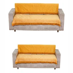 Fashion Throw Yellow 4 Pieces Self Design 5 Seater Velvet Sofa Covers-image-8