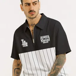 Crazymonk Men White & Black Cotton Printed Polo Collar Applique T-shirt-picture-24