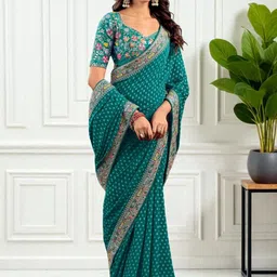 HERE&NOW Teal Bandhani Pure Georgette Bandhani Saree-picture-15