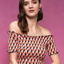 DressBerry Geometric Print Off-Shoulder Puff Sleeve Crepe Bardot Crop Top image 5