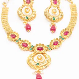 festivjewelleryze Gold-Plated Artificial Stone Studded & Beaded Jewellery Set-picture-16