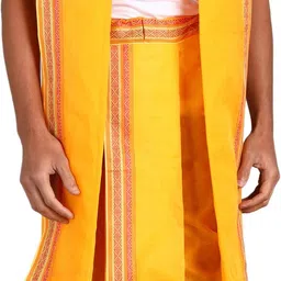 SAC SHREE APARAJEET CREATIONS Men's Mango Colour Panjakejam Readymade dhoti and towel set Free size 100%cotton Self Design, Striped Men Dhoti-picture-12