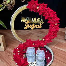 mridang Engagement Ring platter with Customize name beautiful Floral work Wood Decorative Platter image 1