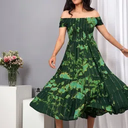 VYMO Tie and Dye Printed Off-Shoulder Short Sleeves Smocked Tiered A-Line Midi Dress-picture-33