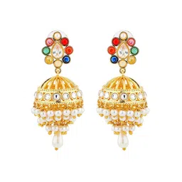 Voylla Navratna Astha Gold-Plated Kundan Studded & Artificial Beaded Dome Jhumkas Earrings image 3