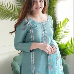 KRIFRA Women Ethnic Motifs Embroidered Regular Thread Work Kurta with Trousers & With Dupatta image 4