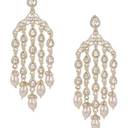Priyaasi Gold-Plated Kundan Stone Studded & Beaded Teardrop Shaped Tasselled Drop Earrings image 5