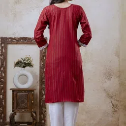 AUZAAI COLLECTION Striped Round Neck Pure Cotton Straight Kurta With Trousers & Dupatta image 4
