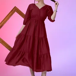 Krunal Raiyani Women Smocked Tiered Puff Sleeves Fit & Flare Maxi Dress-image-20