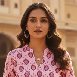 THE FAB FACTORY Print Mandarin Collar Ethnic Cotton Top image 4