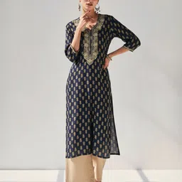 TANNAH Ethnic Motifs Printed V-Neck Thread Work Straight Kurta-picture-41