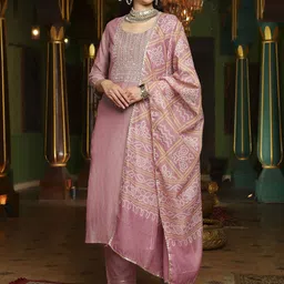 Sangria Mauve Floral Embroidered Round Neck Straight Kurta With Trouser & Dupatta-image-36
