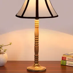 Devansh Off White & Black Printed Wooden Contemporary Frustum Shaped Table Lamp image 2