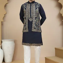 Jompers Floral Embroidered Band Collar Chikankari Straight Kurta with Pyjamas-picture-36