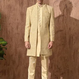 Aesthelia Embroidered Mandarin Collar Three Piece Pure Silk Jodhpuri Sherwani-picture-46