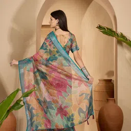 Sangria Floral Digital Printed Zari Border Belted Saree With Blouse Piece image 3