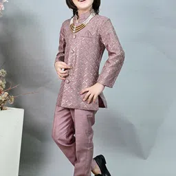 ahhaaaa Boys Woven Design Mandarin Collar Sequinned Jacquard Kurta With Trousers & Mala image 3