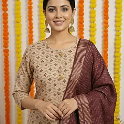 dalivd x Elegant Beige & Maroon Khadi Cotton Kurta Set Printed Kurta, Trouser/Pant & Dupatta Set image 4