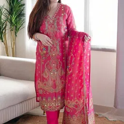 Morang Women Ethnic Motifs Printed Regular Mirror Work Kurta with Trousers & With Dupatta image 4