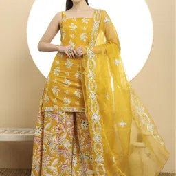 Yufta Women Floral Embroidered Regular Gotta Patti Pure Cotton Kurta with Palazzos & With Dupatta-picture-18