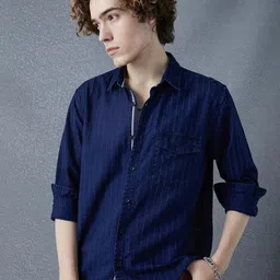 Voltedge Men Premium Realxed Fit Indigo Textured Street Style Cotton Casual Shirt-picture-19