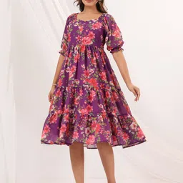 Janasya Women Purple Georgette Floral Printed Tiered Dress-image-58