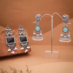 DIVASTRI Set Of 2 Silver-Plated Artificial Stones Studded Square Shaped Drop Earrings image 4