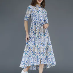 kaka Women Gathered Blue Below Knee Dress image 3