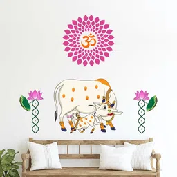 rawpockets 115 cm Kamadhenu Cow and Calf With Om and Lotus Flower For Home, Pooja Room & Temple Self Adhesive Sticker image 1