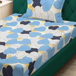 KLOTTHE Blue & White Floral Printed 300 TC Fitted Single Bedsheet With Pillow Cover-picture-13