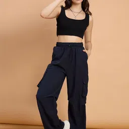 QIOA Women Relaxed Loose Fit High-Rise Easy Wash Cargos Trousers image 3