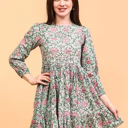 AKANYA Women Floral Printed Boat Neck Cotton Fit and Flare Mini Dress-image-14
