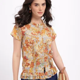 fusion by glitchez Metallic Finish Floral Print Regular Top with Pintuck Detail-image-19