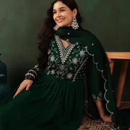 Sangria Green Floral Embroidered V Neck Anarkali Kurta With Trouser & Dupatta image 1