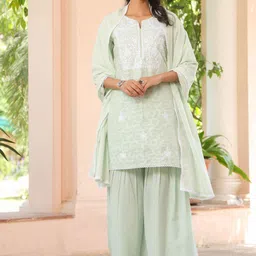 SCAKHI Floral Embroidered Chikankari Jacquard Pure Cotton Kurta with Sharara & Dupatta-image-8